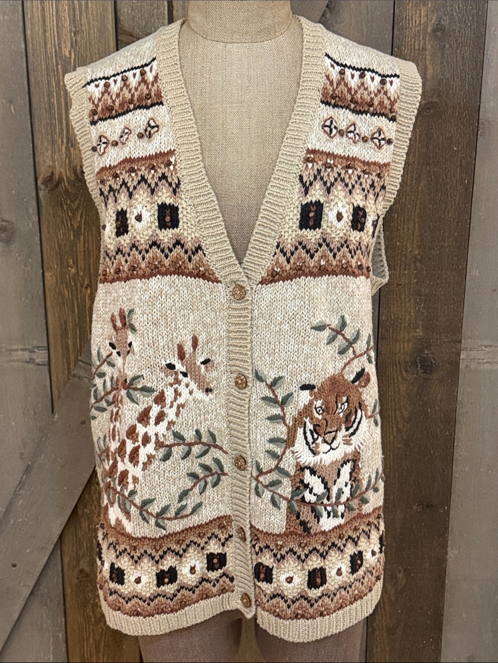 Vintage Koret Safari Giraffe Tiger Embroidered Beaded Sweater Vest Ramie Cotton